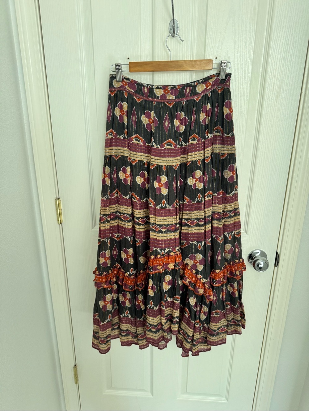 Boho Floral Tiered Maxi Skirt in Black and Burgundy